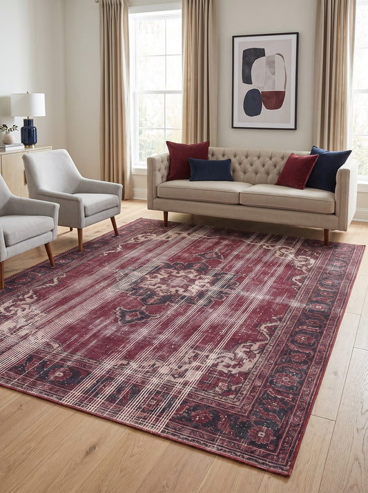 dekoratif salon halısı Bordo ve Krem Madalyonlu Retro Şönil