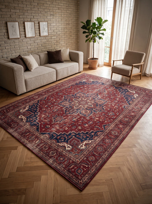 büyük salon halısı Bordo ve Lacivert Madalyonlu Retro Bambu