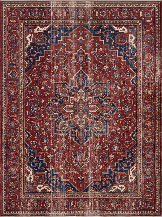 Bordo ve Lacivert Madalyonlu Retro Bambu halı deseni MS-0212