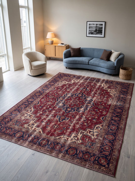 büyük salon halısı Bordo ve Lacivert Madalyonlu Retro Bambu
