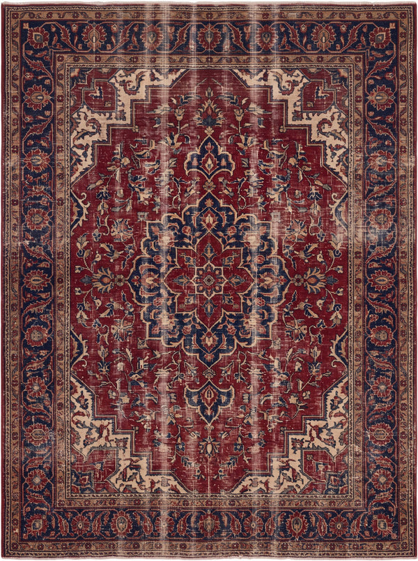 Bordo ve Lacivert Aşınmış Retro Madalyonlu Bambu Halı MS-0214