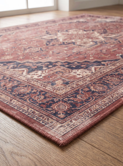 Bordo ve Lacivert Retro Madalyonlu Şönil Halı TH-115 kenar ve doku detayı