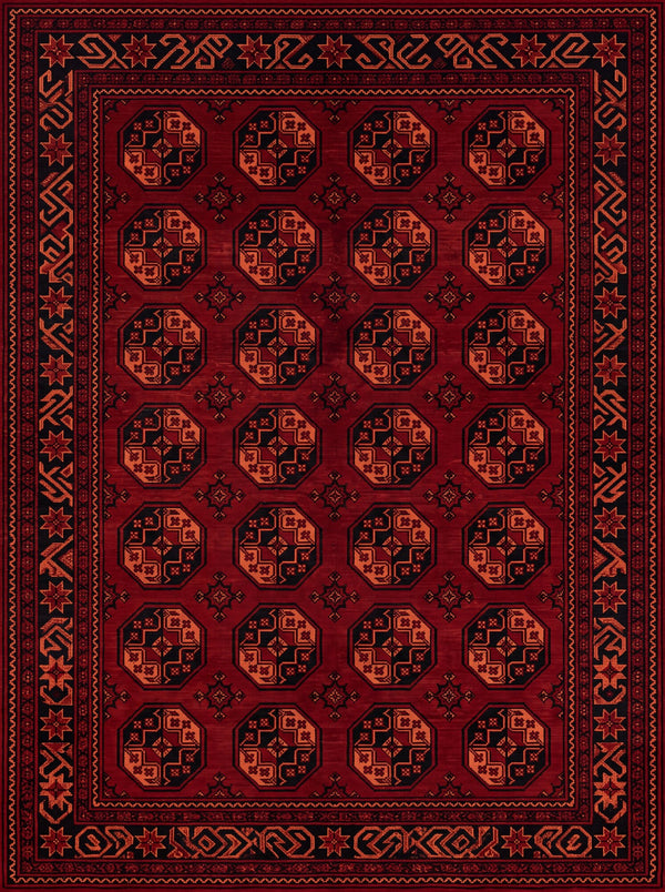 Bordo ve Siyah Sekizgen Afgan Motifli Bambu Halı MS-0235