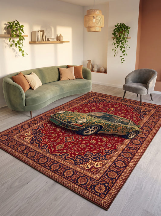 Bordo ve Yeşil Klasik Otomobil Klasik Otomobil oturma odası halısı Bambu