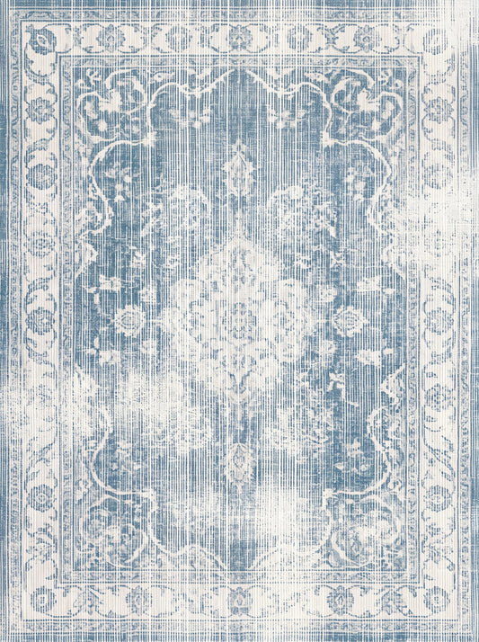 Buz Mavisi ve Krem Çiçekli Vintage Şönil halı deseni TH-045