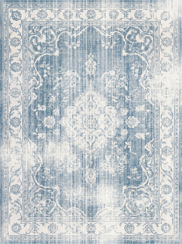 Buz Mavisi ve Krem Dallı Vintage Çiçekli Şönil Halı TH-045