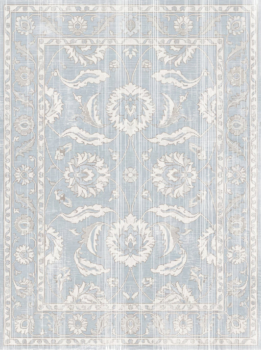 Buz Mavisi ve Krem Çiçekli Vintage Şönil halı deseni TH-064