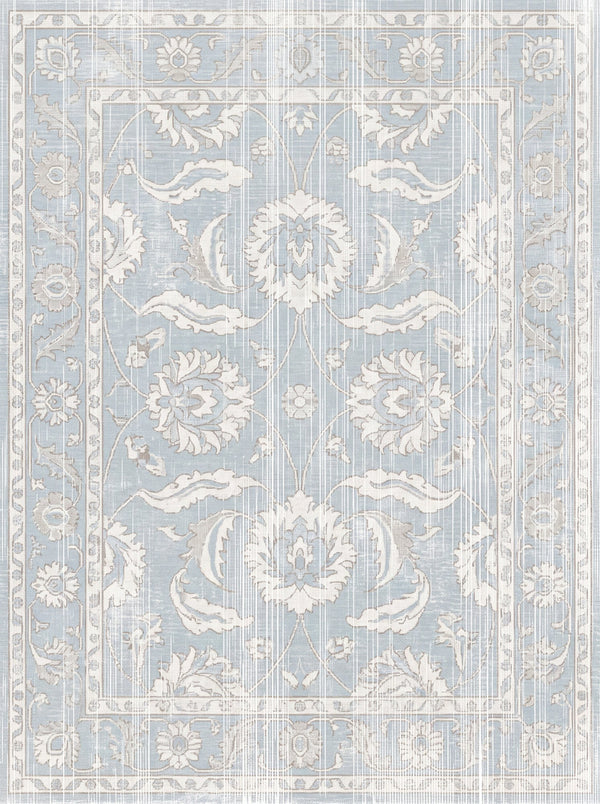 Buz Mavisi ve Krem Vintage Çiçekli Şönil Halı TH-064