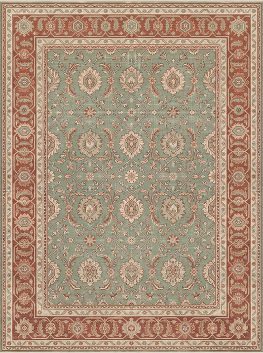 Çağla Yeşili ve Kiremit Çiçekli Vintage Şönil halı deseni TH-112