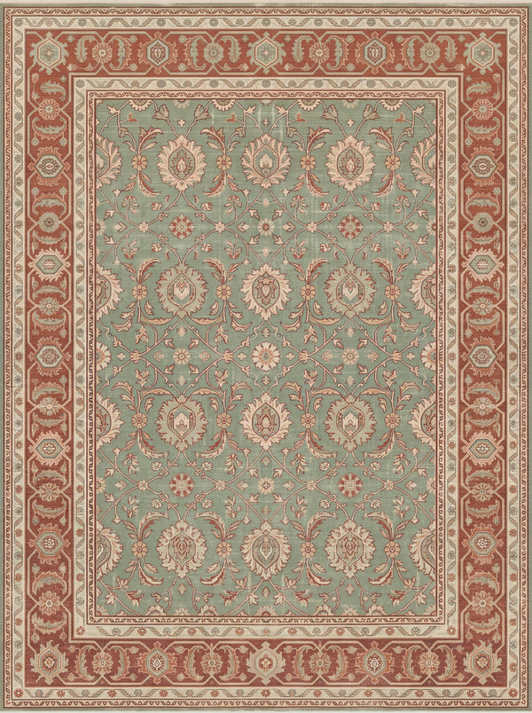 Çağla Yeşili ve Kiremit Vintage Çiçekli Şönil Halı TH-112