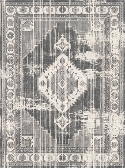 Gri ve Krem Madalyonlu Vintage Şönil halı deseni TH-015