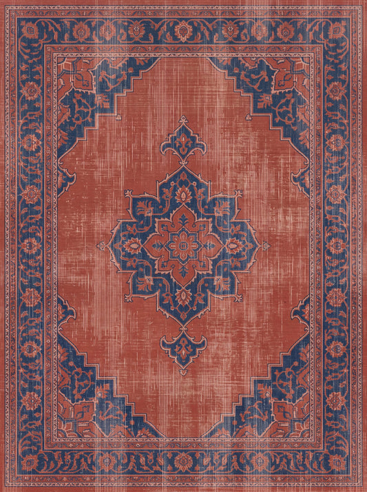 Gül Kurusu ve Lacivert Çiçekli Vintage Bambu halı deseni MS-0223