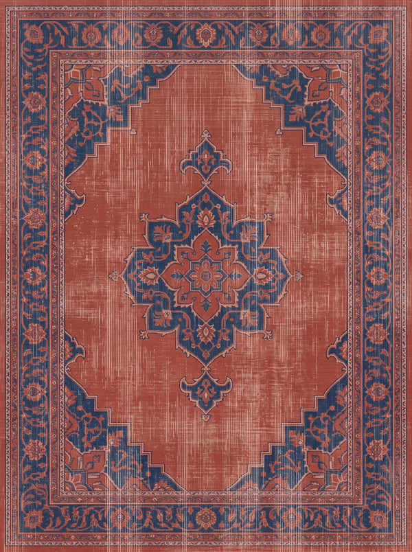 Gül Kurusu ve Lacivert Geniş Madalyonlu Vintage Bambu Halı MS-0223