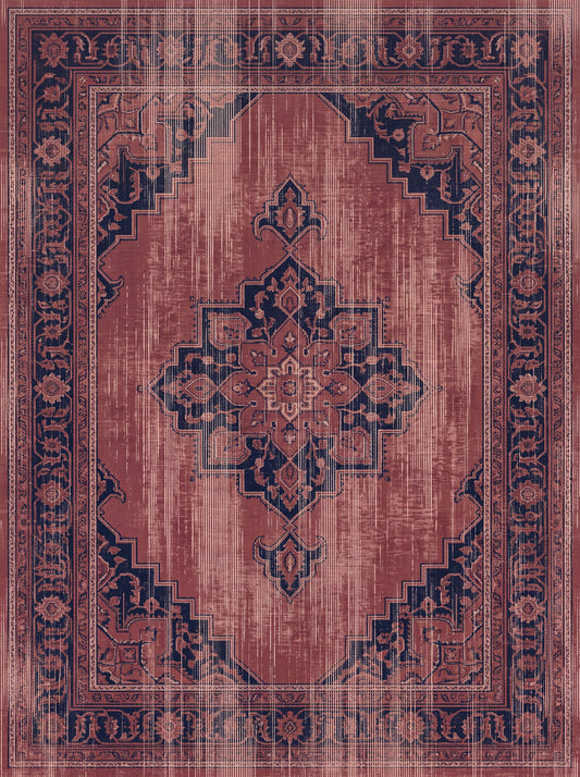 Gül Kurusu ve Lacivert Madalyonlu Vintage Bambu halı deseni MS-0209