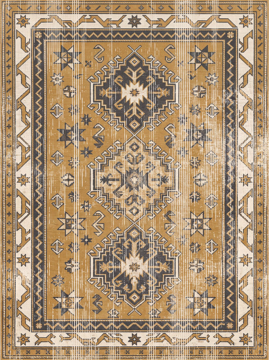 Hardal ve Antrasit Madalyonlu Retro Şönil halı deseni TH-033