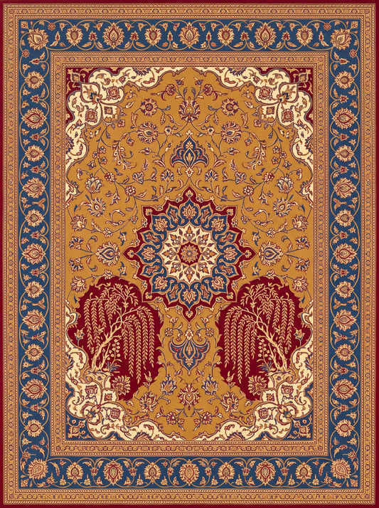 Hardal ve Lacivert Madalyonlu Hereke Bambu halı deseni MS-0016