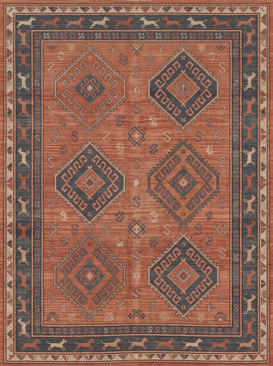 Kiremit ve Antrasit Geometrik Uşak Bambu halı deseni MS-0104