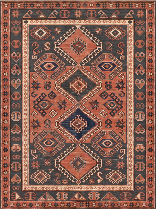 Kiremit ve Antrasit Geometrik Yörük Etnik Bambu halı deseni TH-024