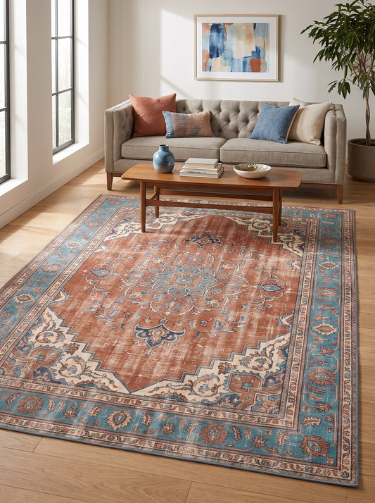 dekoratif salon halısı Kiremit ve Buz Mavisi Çiçekli Retro Şönil