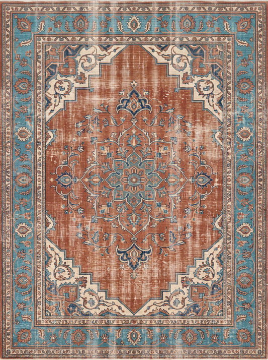 Kiremit ve Buz Mavisi Çiçekli Retro Şönil halı deseni TH-043