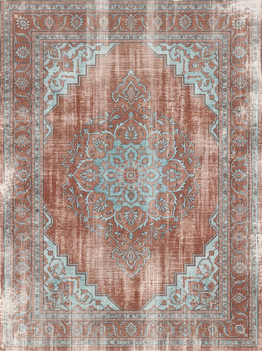 Kiremit ve Buz Mavisi Çiçekli Retro Şönil halı deseni TH-107