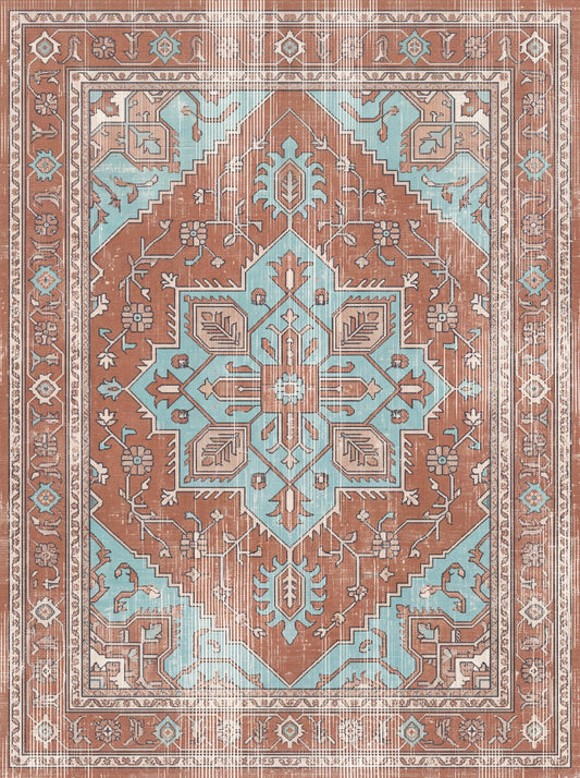Kiremit ve Buz Mavisi Madalyonlu Retro Şönil halı deseni TH-061