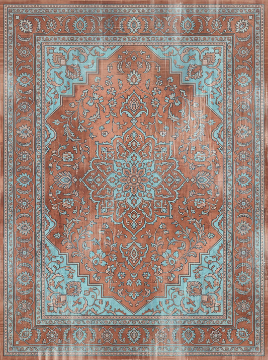 Kiremit ve Buz Mavisi Madalyonlu Retro Şönil halı deseni TH-101