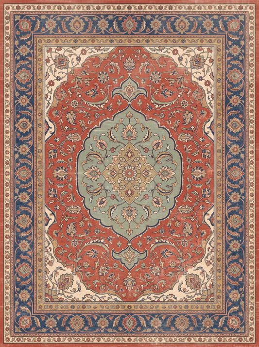 Kiremit ve Çağla Yeşili Madalyonlu Uşak Bambu halı deseni MS-0097