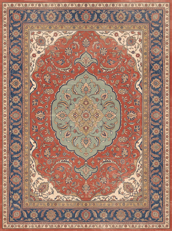 Kiremit ve Yeşil Köşebentli Madalyonlu Uşak Desenli Bambu Halı MS-0097