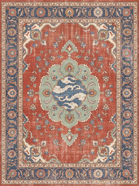 Kiremit ve Çağla Yeşili Madalyonlu Uşak Bambu halı deseni MS-0101