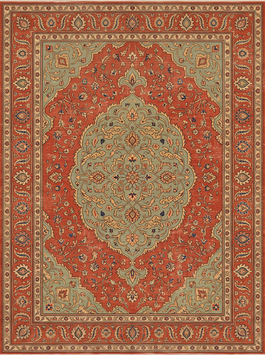 Kiremit ve Çağla Yeşili Madalyonlu Uşak Bambu halı deseni MS-0109