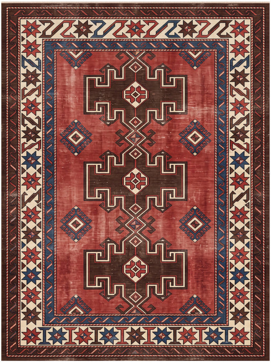 Kiremit ve Kahverengi Geometrik Uşak Bambu halı deseni MS-0079