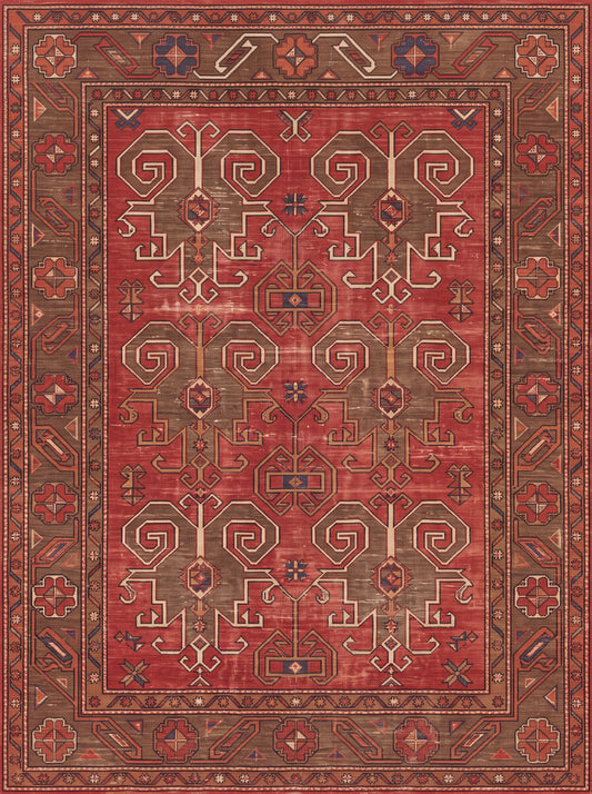 Kiremit ve Kahverengi Geometrik Uşak Bambu halı deseni MS-0087