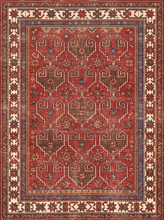 Kiremit ve Kahverengi Geometrik Uşak Bambu halı deseni MS-0091