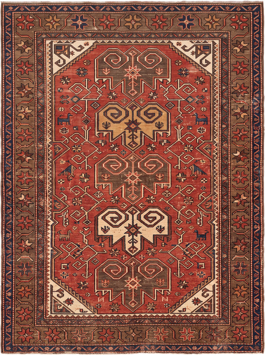 Kiremit ve Kahverengi Geometrik Uşak Bambu halı deseni MS-0099