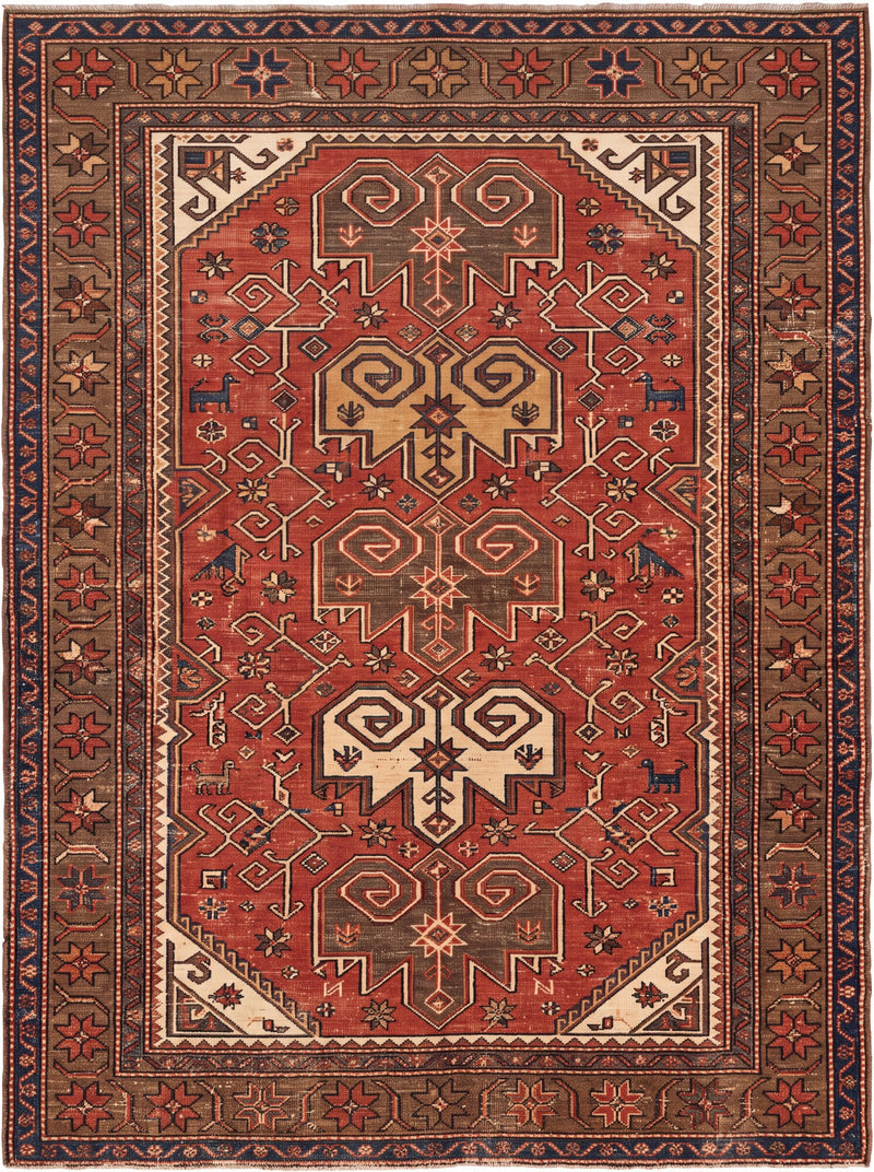 Kiremit ve Kahverengi Boynuzlu Figürlü Uşak Desenli Bambu Halı MS-0099