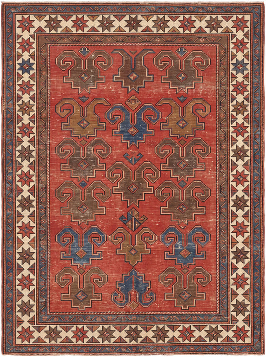 Kiremit ve Krem Geometrik Uşak Bambu halı deseni MS-0103