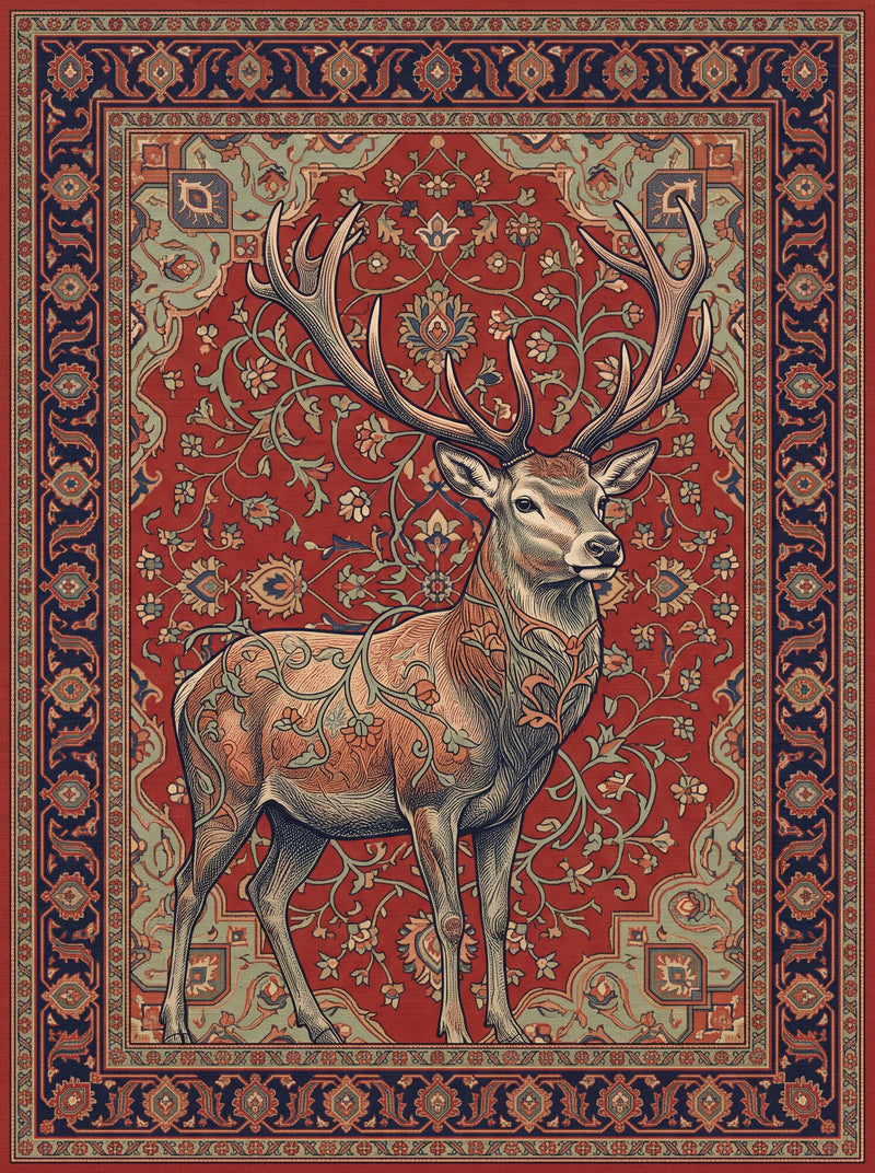 Kiremit ve Krem Görkemli Geyik Bambu Sanat Halısı MS-0328