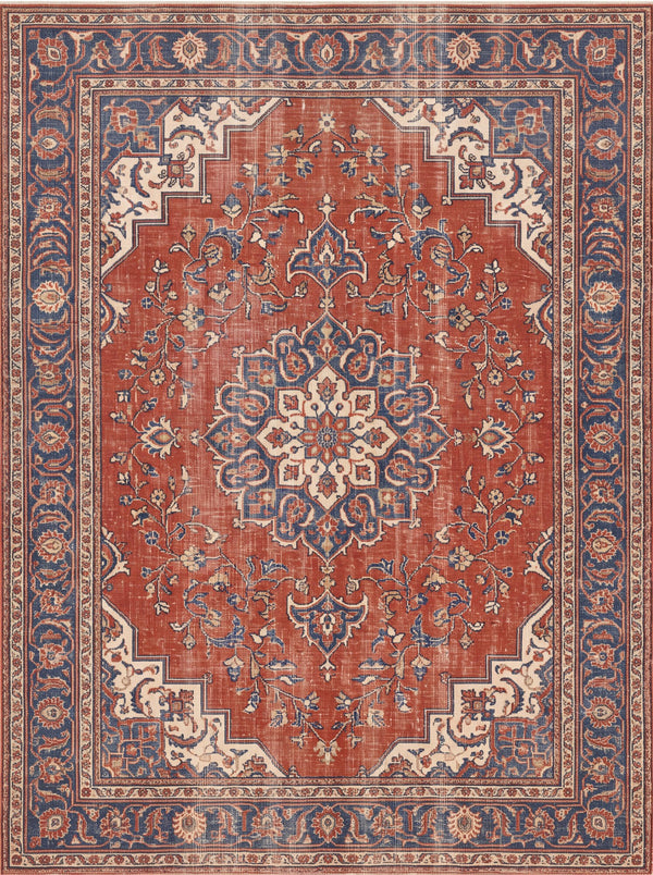 Kiremit ve Krem Retro Çiçekli Bambu Halı MS-0216