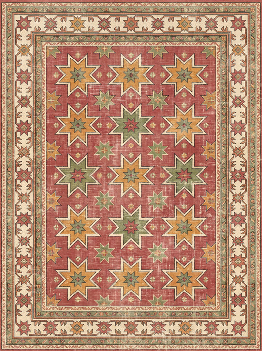 Kiremit ve Krem Yıldızlı Uşak Bambu halı deseni MS-0078