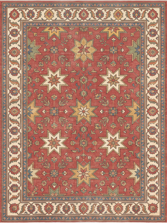 Kiremit ve Krem Yıldızlı Uşak Bambu halı deseni MS-0082