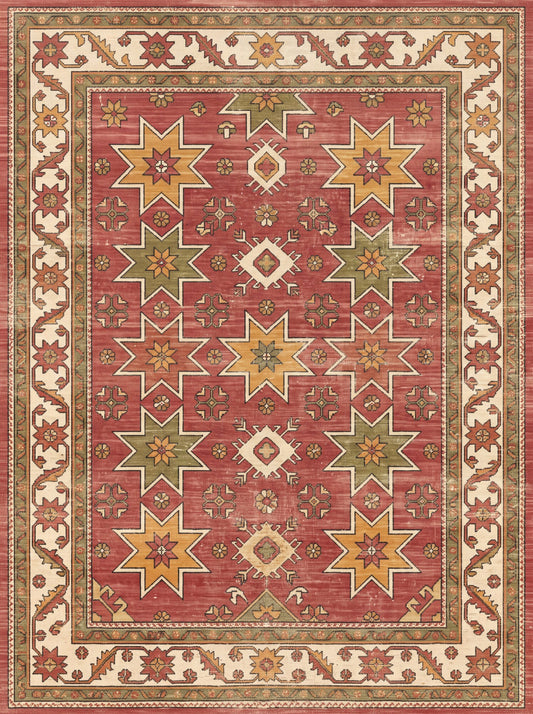Kiremit ve Krem Yıldızlı Uşak Bambu halı deseni MS-0090