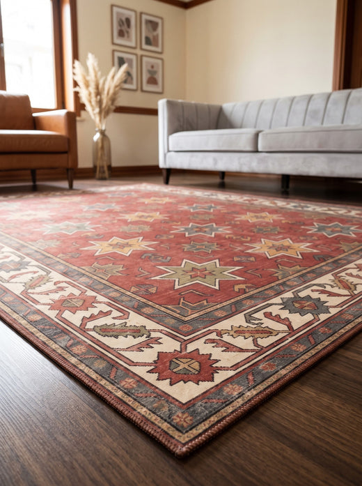 Kiremit Üç Renkli Yıldızlı Uşak Desenli Bambu Halı MS-0094 doku detayı