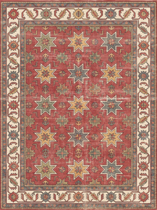 Kiremit ve Krem Yıldızlı Uşak Bambu halı deseni MS-0094