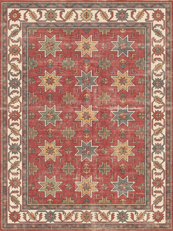 Kiremit Üç Renkli Yıldızlı Uşak Desenli Bambu Halı MS-0094