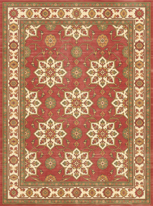 Kiremit ve Krem Yıldızlı Uşak Bambu halı deseni MS-0098