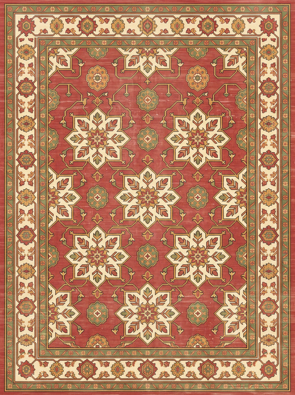 Kiremit ve Krem Kar Tanesi Yıldızlı Uşak Desenli Bambu Halı MS-0098