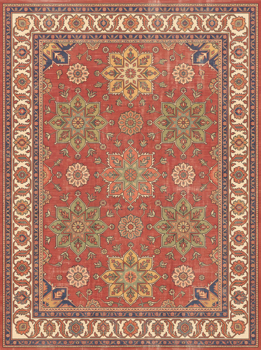 Kiremit ve Krem Yıldızlı Uşak Bambu halı deseni MS-0102