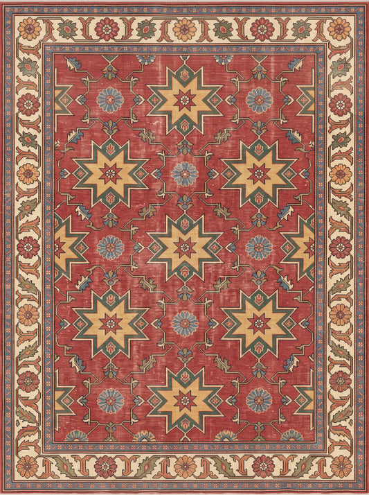Kiremit ve Krem Yıldızlı Uşak Bambu halı deseni MS-0106