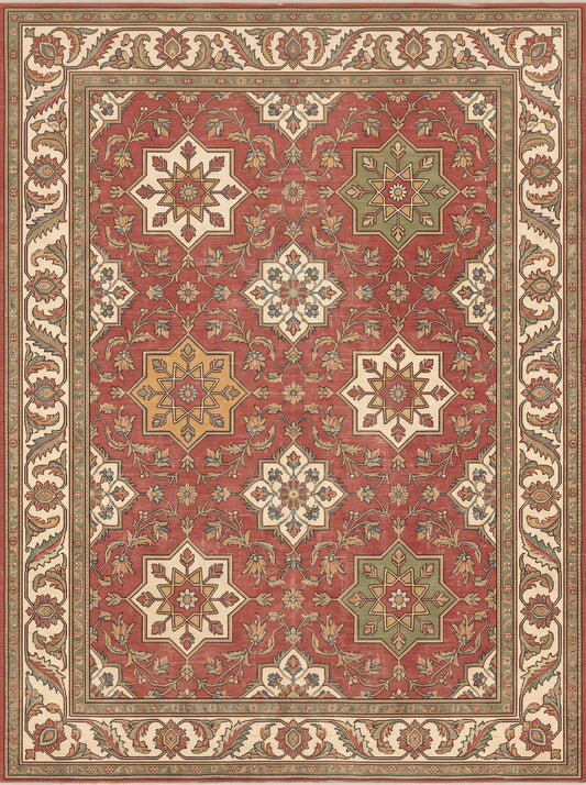 Kiremit ve Krem Yıldızlı Uşak Bambu halı deseni MS-0111